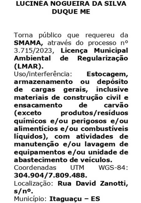 LICENÇA AMBIENTAL REQUERIDA - LUCINÉA NOGUEIRA DA SILVA DUQUE ME